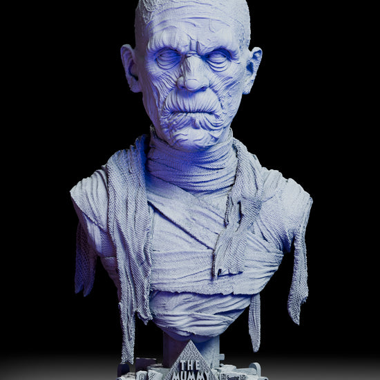 360-degree turntable view of The Mummy portrait bust, showcasing Boris Karloff’s detailed sculpt, bandaged textures, and hieroglyphic display base from all angles