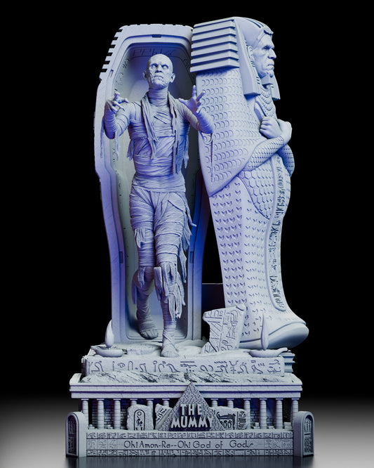 360-degree turntable of The Mummy diorama resin figure kit, showcasing Boris Karloff’s likeness, detailed bandages, and Egyptian-inspired base from all angles