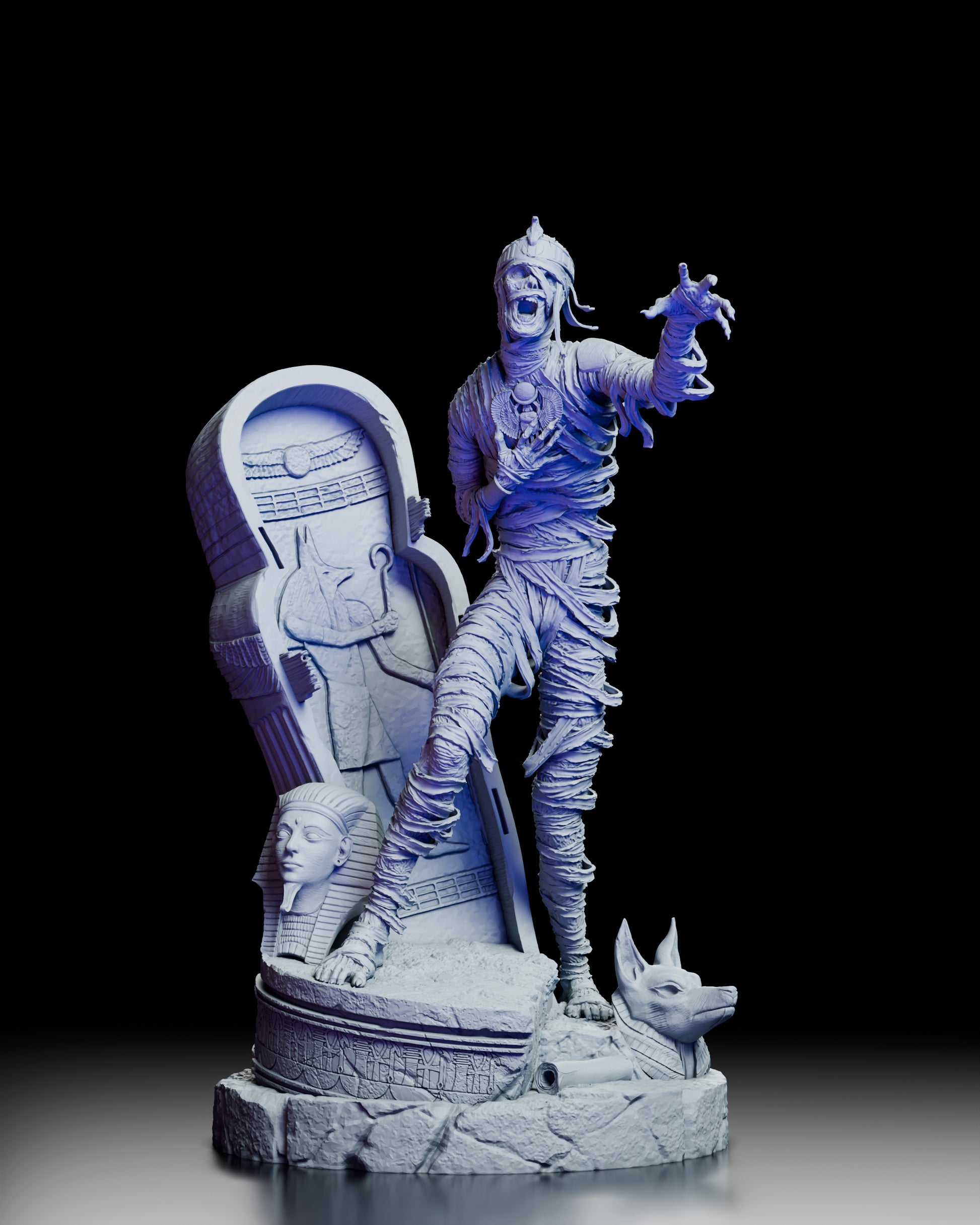 360 degree turntable view of The Pharaohs Curse Egyptian mummy figure model kit showcasing full sculpt, dynamic pose, and detailed Egyptian themed base from all angles