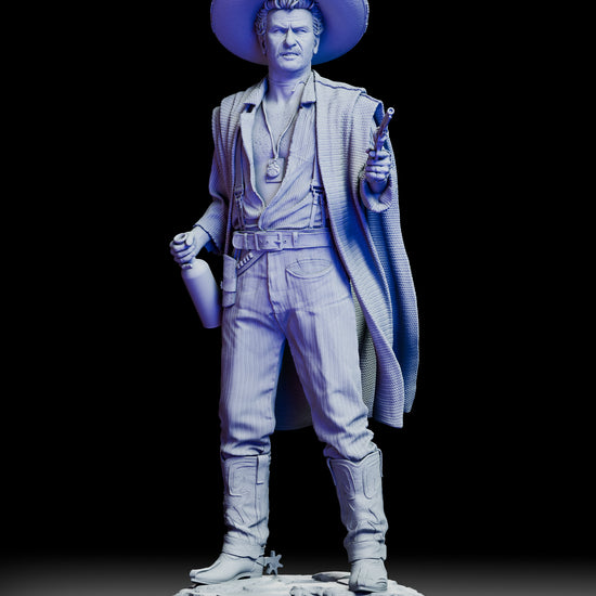 360 degree turntable view of the Tuco Ramirez western outlaw figure model kit showing the detailed poncho, revolver pose, desert base, and expressive portrait from all angles