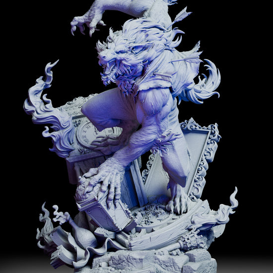 A full 360-degree rotating view of the Moonfall Berserker werewolf figure kit, showing the lunging pose, flowing fur, fallen grandfather clock, ornate portrait frame, gothic arch, lantern, and scattered interior debris from every angle.