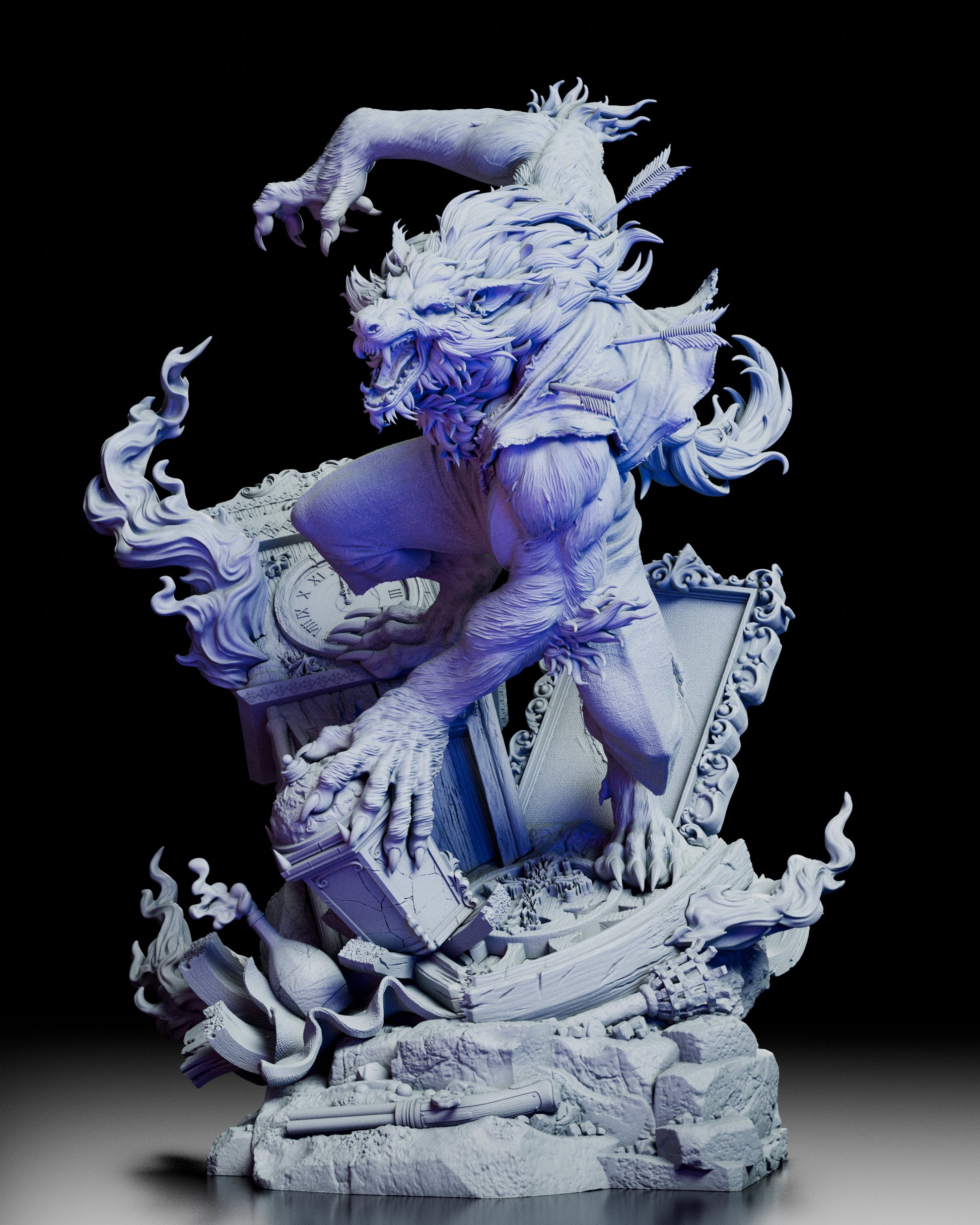 A full 360-degree rotating view of the Moonfall Berserker werewolf figure kit, showing the lunging pose, flowing fur, fallen grandfather clock, ornate portrait frame, gothic arch, lantern, and scattered interior debris from every angle.