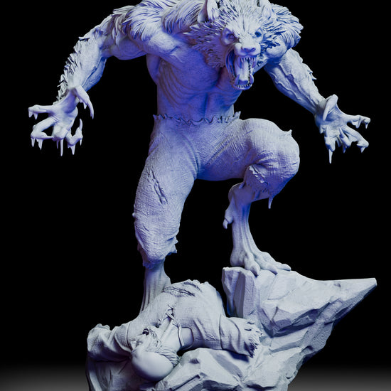 Full 360-degree view of the Werewolf Figure Model Kit by Polymind Studios, showing snarling face, clawed hands, shredded clothing, and rocky base with fallen victim