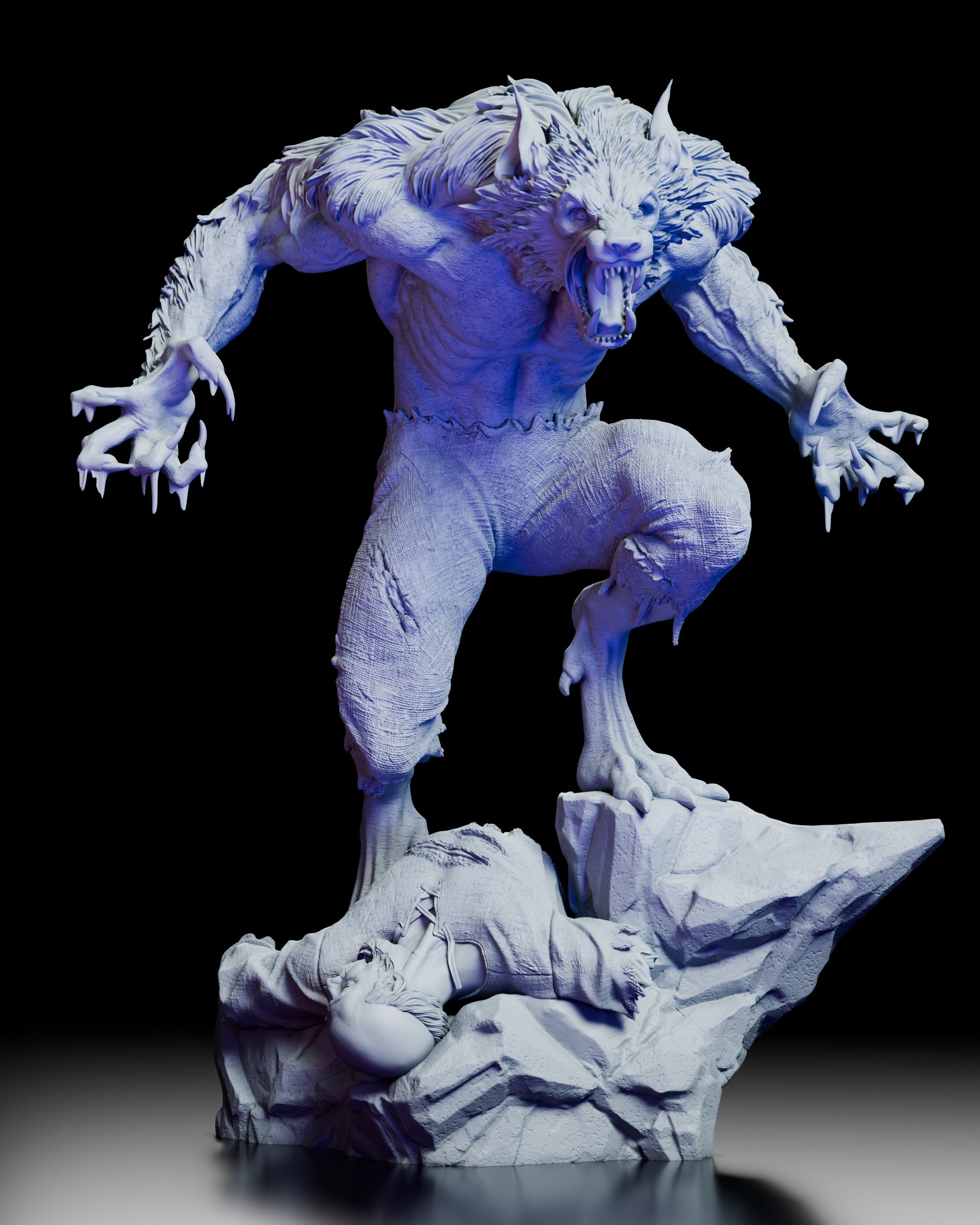 Full 360-degree view of the Werewolf Figure Model Kit by Polymind Studios, showing snarling face, clawed hands, shredded clothing, and rocky base with fallen victim