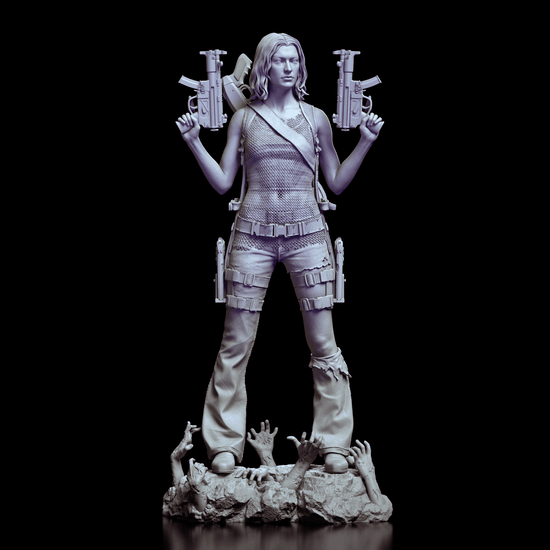 360-degree turntable view of the Alice figure model kit showcasing her iconic pose, intricate details, and apocalyptic setting.