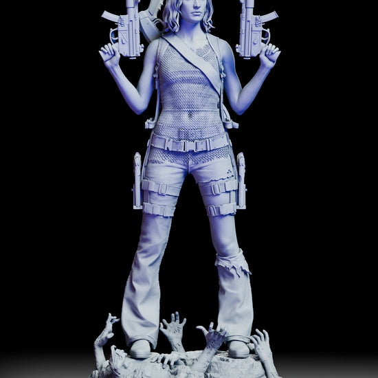 360-degree turntable view of the Alice figure model kit showcasing her iconic pose, intricate details, and apocalyptic setting.