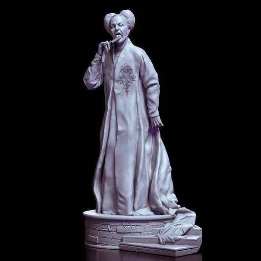 Full 360-degree view of Dracula maquette sculpted by Dicklich Art, showing detailed costume, hair, and iconic pose on a brick base with steps