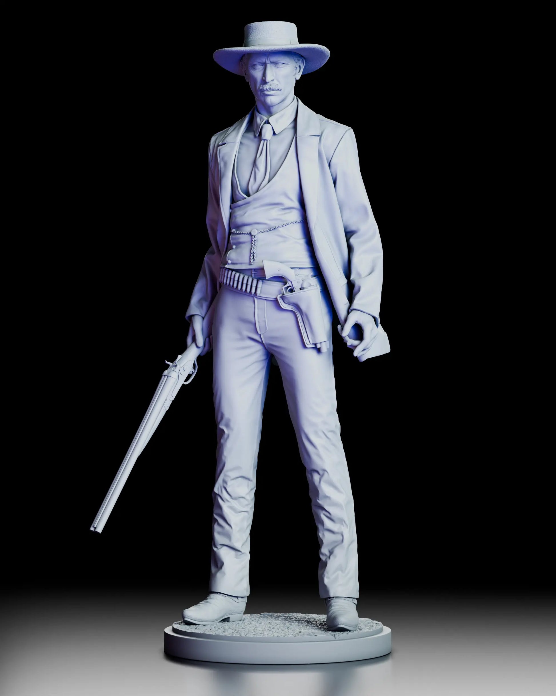 360 degree turntable view of Colonel Douglas Mortimer western bounty hunter figure model kit showcasing the full sculpt including rifle, holster, coat details, and stern gunslinger portrait