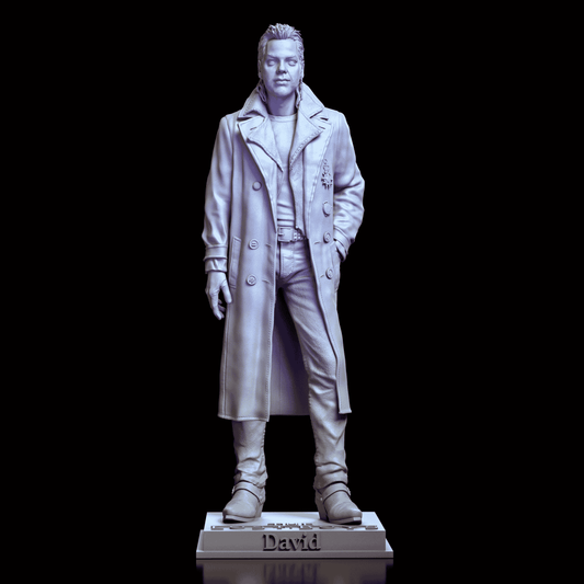 360° turntable video of the David maquette by Diklich Art featuring his relaxed stance in a long trench coat, boots with spurs, hands in pockets, and lifelike facial sculpt from every angle.