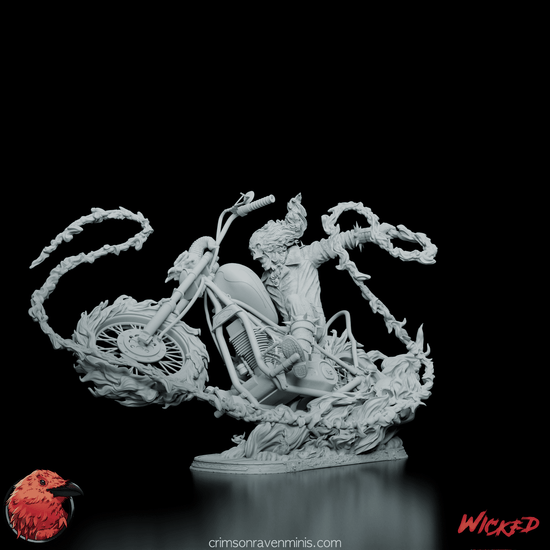 360-degree turntable of Johnny Blaze Ghost Rider figure model kit showing detailed sculpting, flaming motorcycle, and interchangeable parts.