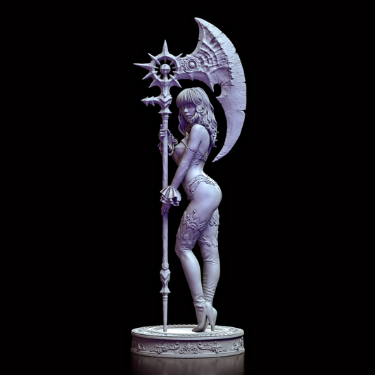 360 degree view of the Kaelira figure model kit, showcasing her intricate gothic armor and imposing scythe.