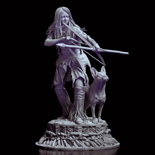 Naru figure model kit rotating 360 degrees to showcase her dynamic archer pose with bow drawn and loyal dog companion on a braided rope-wrapped base, highlighting intricate fringe and hair details  