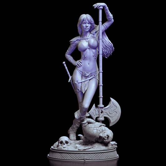 Full 360 degree rotation of Red Sonja resin figure kit by CA3D, revealing detailed armor, weapon, hair, and base from every angle