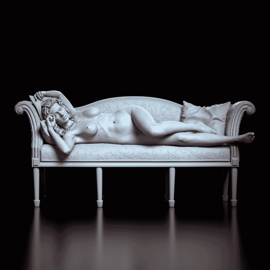 Turntable of Rose figure model kit, lying gracefully on a detailed chaise lounge, inspired by Titanic’s French girls scene.