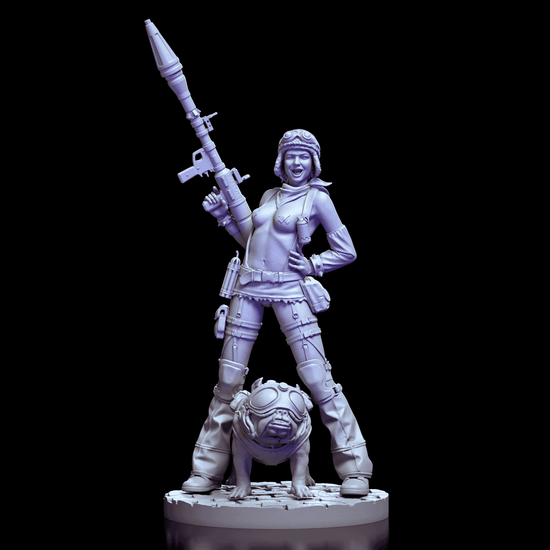 360-degree turntable video of the Tank Girl figure model kit featuring interchangeable heads, rocket launcher, and dynamic pose with bulldog companion.