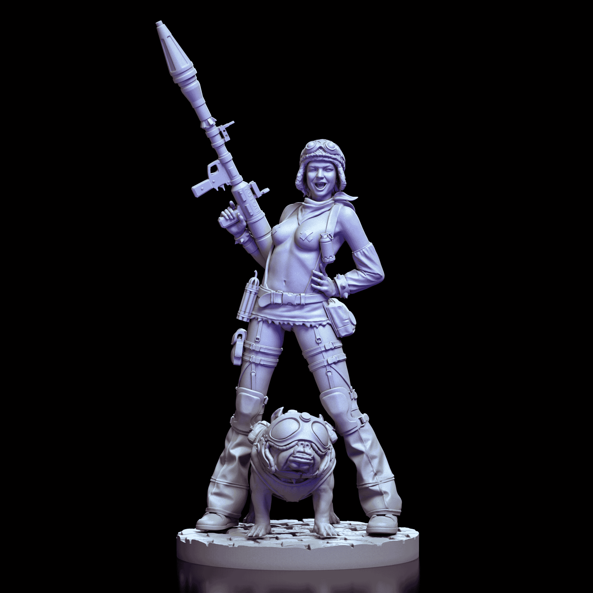 360-degree turntable video of the Tank Girl figure model kit featuring interchangeable heads, rocket launcher, and dynamic pose with bulldog companion.