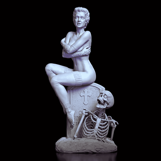 360-degree view of Trash maquette from Return of the Living Dead, showing her seated atop a tombstone with expressive pose and skeleton emerging below