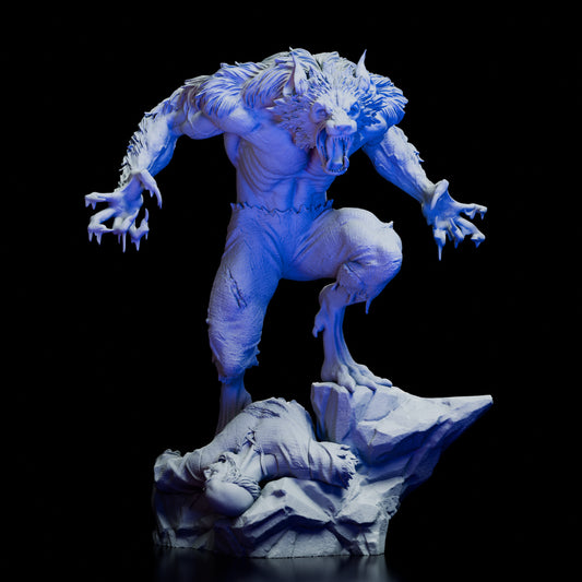 Full 360-degree view of the Werewolf Figure Model Kit by Polymind Studios, showing snarling face, clawed hands, shredded clothing, and rocky base with fallen victim
