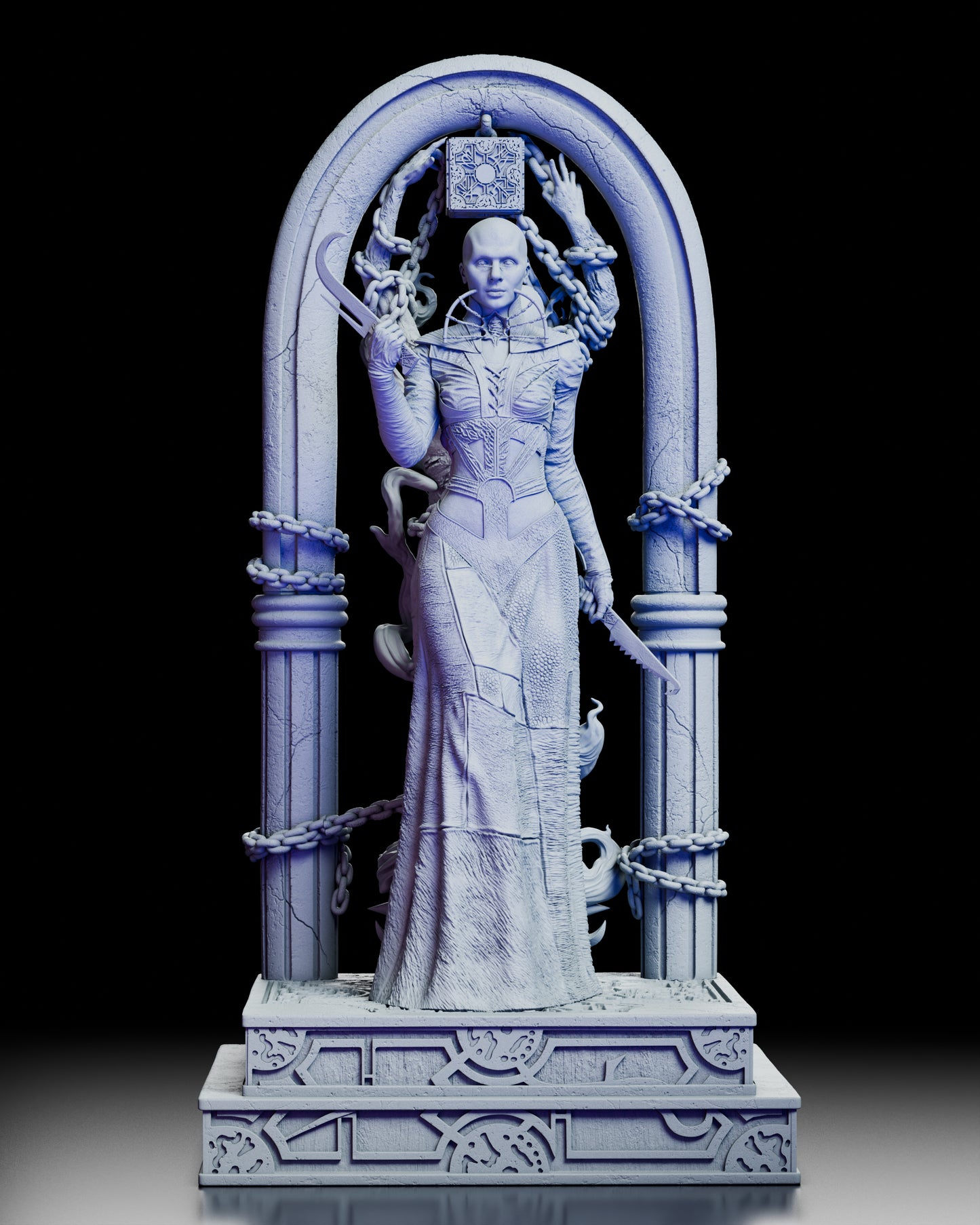 Front view of the Female Cenobite standing beneath a chained arch with ritual blades and flowing sculpted textures.