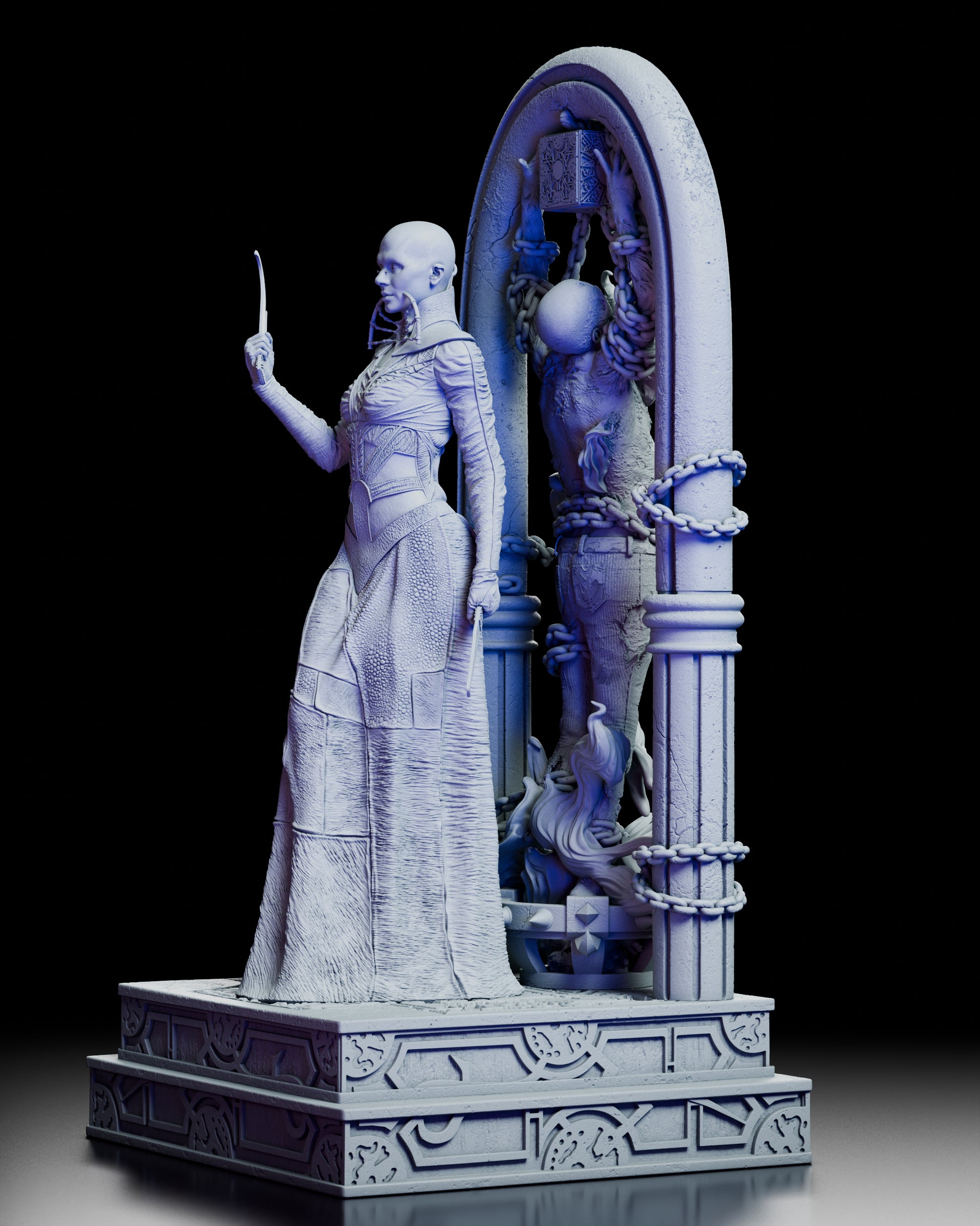 Left angled view displaying the detailed robe textures, chained columns, and the tortured figure behind the cenobite.