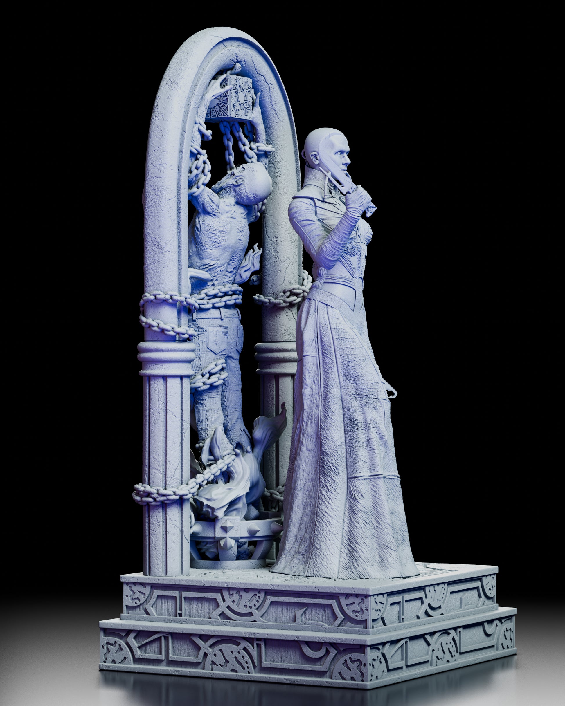 Right angled view highlighting the cenobite’s blade, the suspended victim, and the ornate sculpted base.