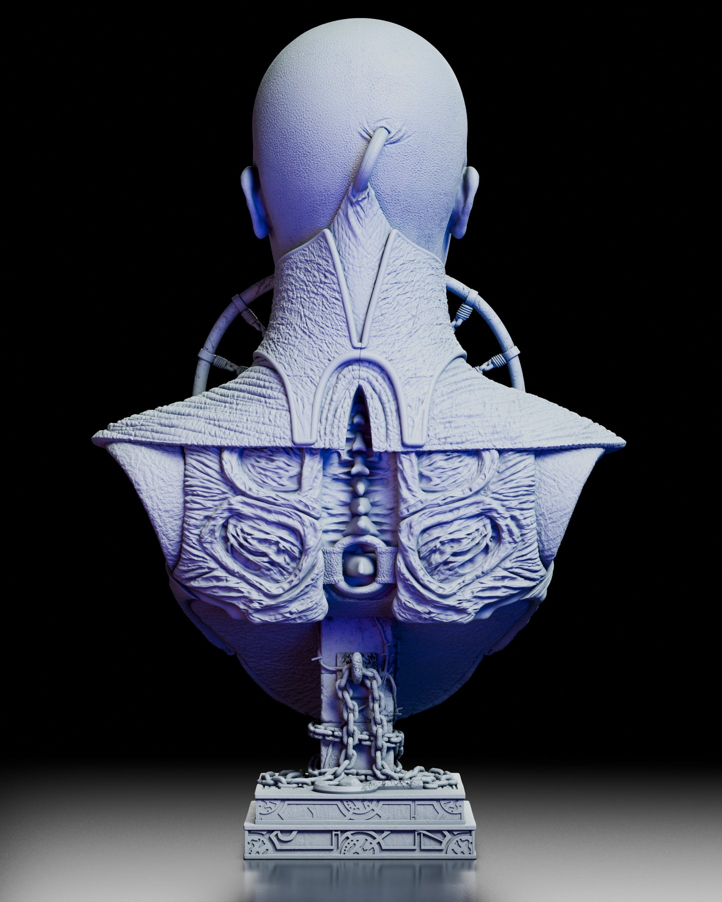 Rear view of the Priestess of Suffering silent cenobite portrait bust showing textured robes, exposed spinal panel details, and the chained decorative base