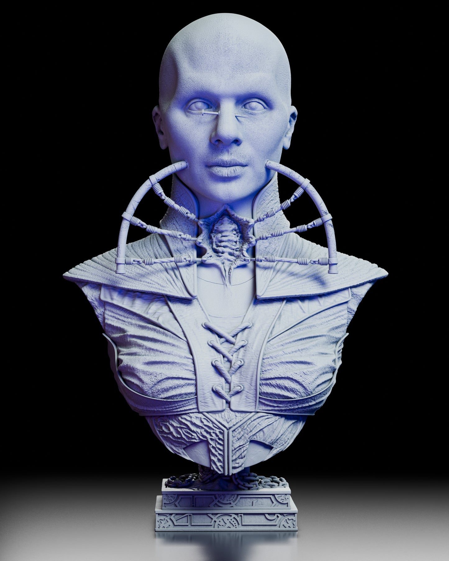 Front view of the Priestess of Suffering silent cenobite portrait bust with hollow eyes, biomechanical throat arches, and layered, flayed garment details