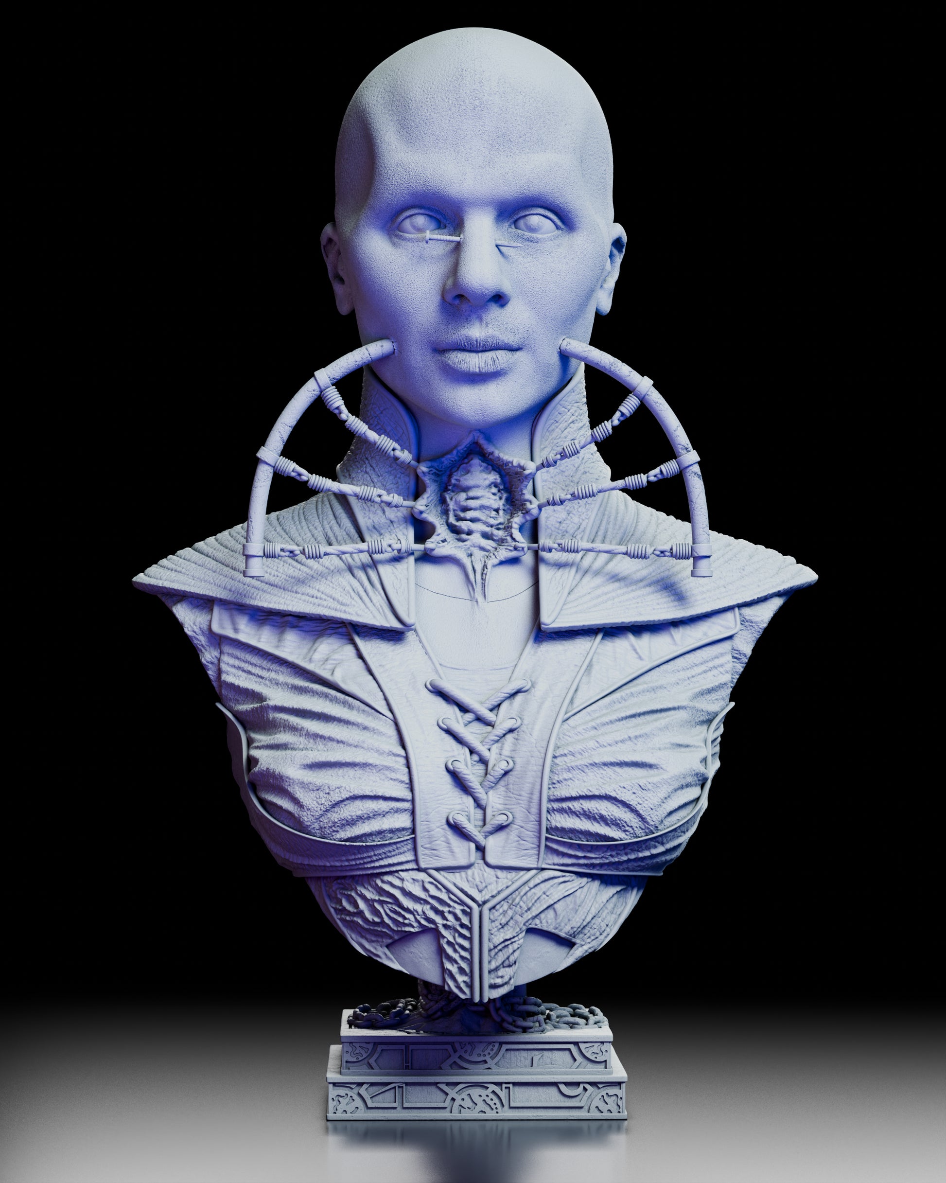 Front view of the Priestess of Suffering silent cenobite portrait bust with hollow eyes, biomechanical throat arches, and layered, flayed garment details