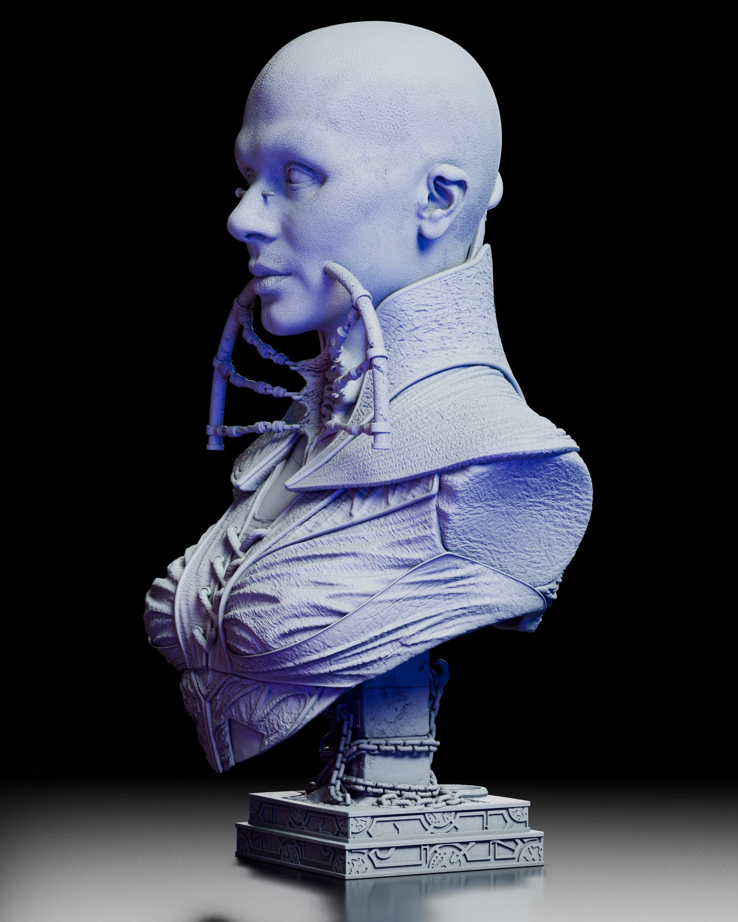 Left three quarter view of the Priestess of Suffering silent cenobite portrait bust highlighting the facial profile, collar structure, and chained pedestal base