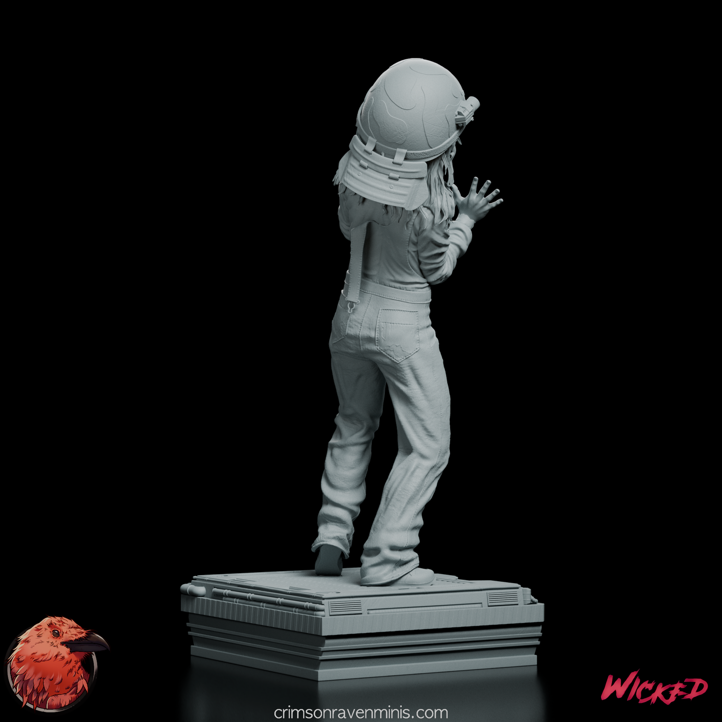 Back view of Rebecca "Newt" Jordan figure model kit, highlighting the textured design of her outfit and base.