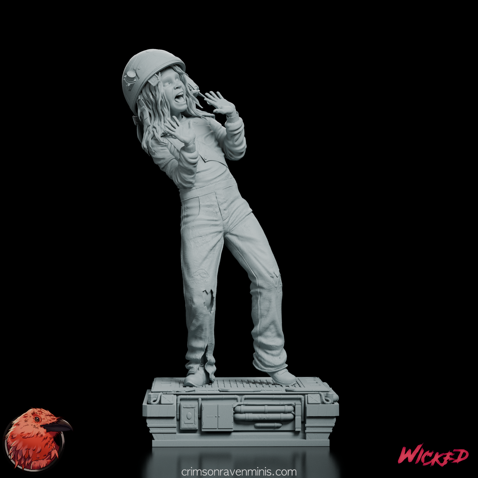 Front view of Rebecca "Newt" Jordan figure model kit in a dynamic pose, showcasing her expression of fear and torn clothing.