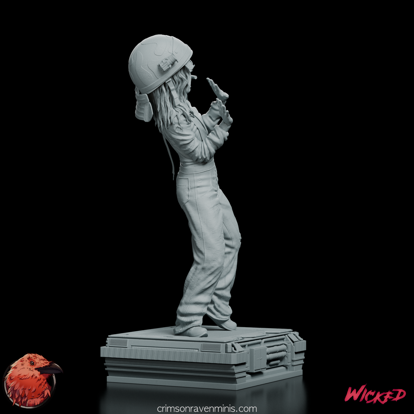 Left profile view of Rebecca "Newt" Jordan figure model kit, emphasizing the intricate details of her helmet and distressed outfit.