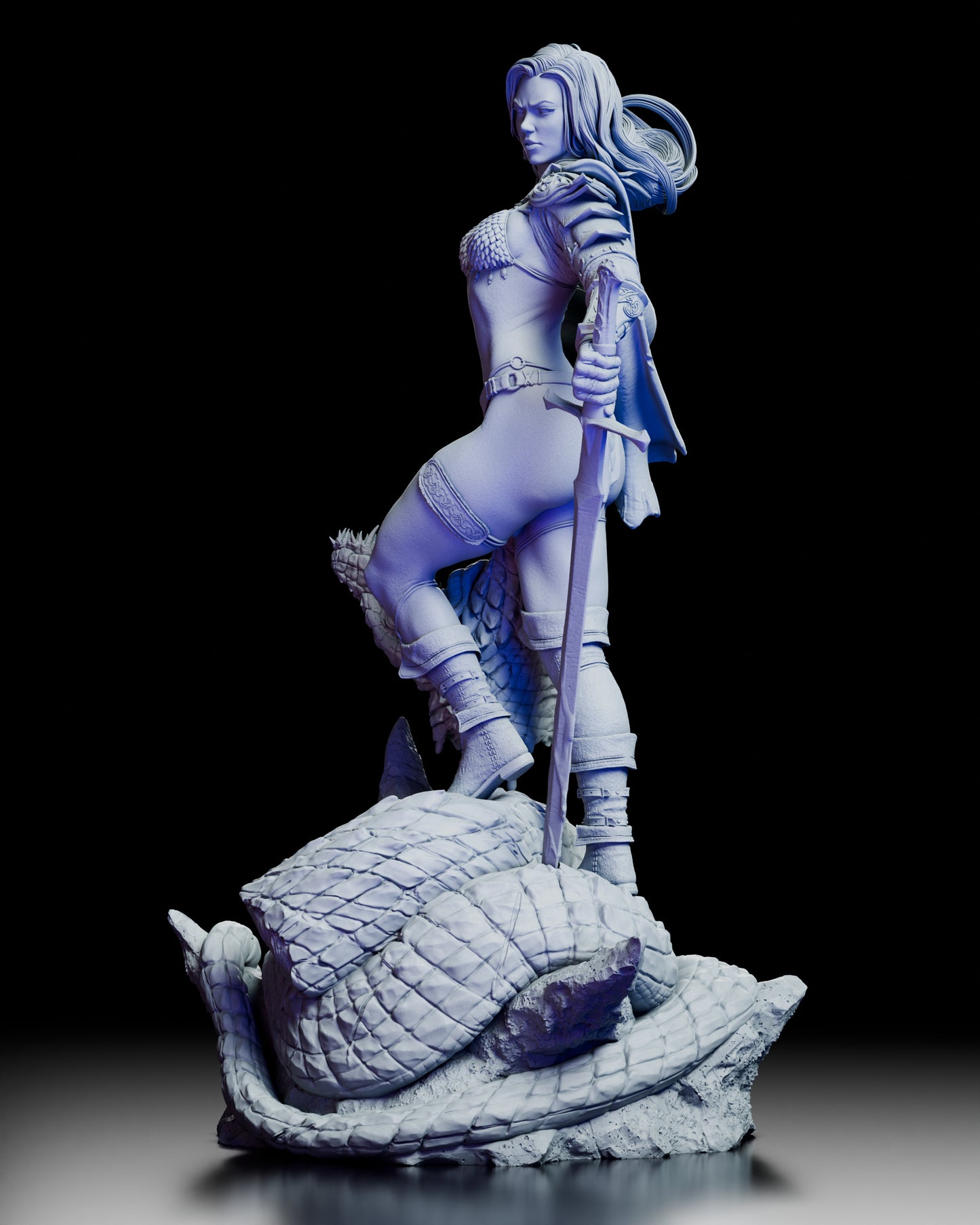 Left side view highlighting the warrior stance armor details and coiled serpent beneath her