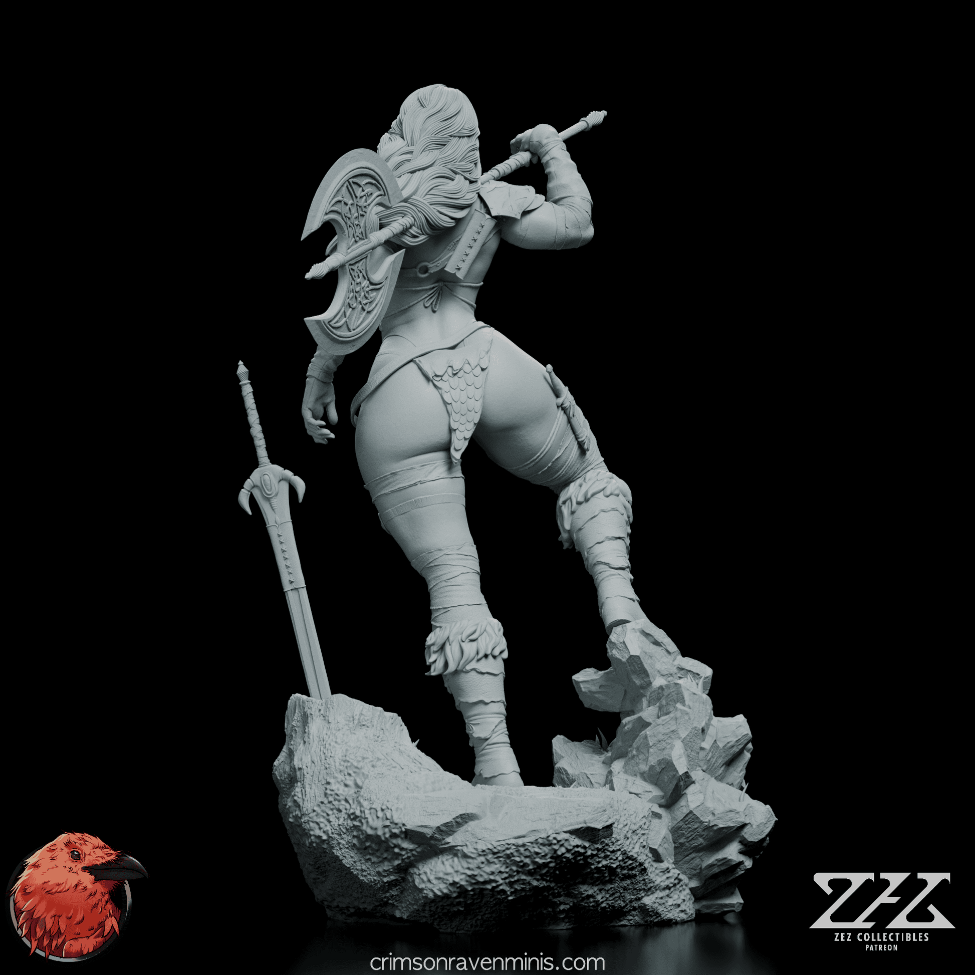 Back view of the Red Sonja figure, displaying detailed textures on her armor and weaponry.