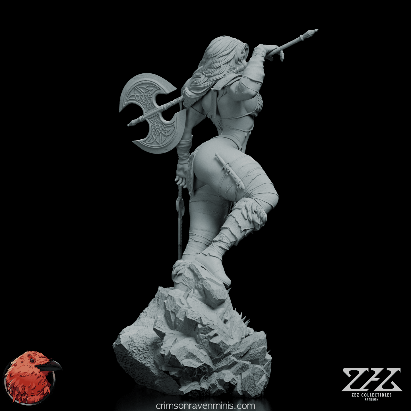 Side view of the Red Sonja figure, highlighting the dynamic pose and flowing hair.