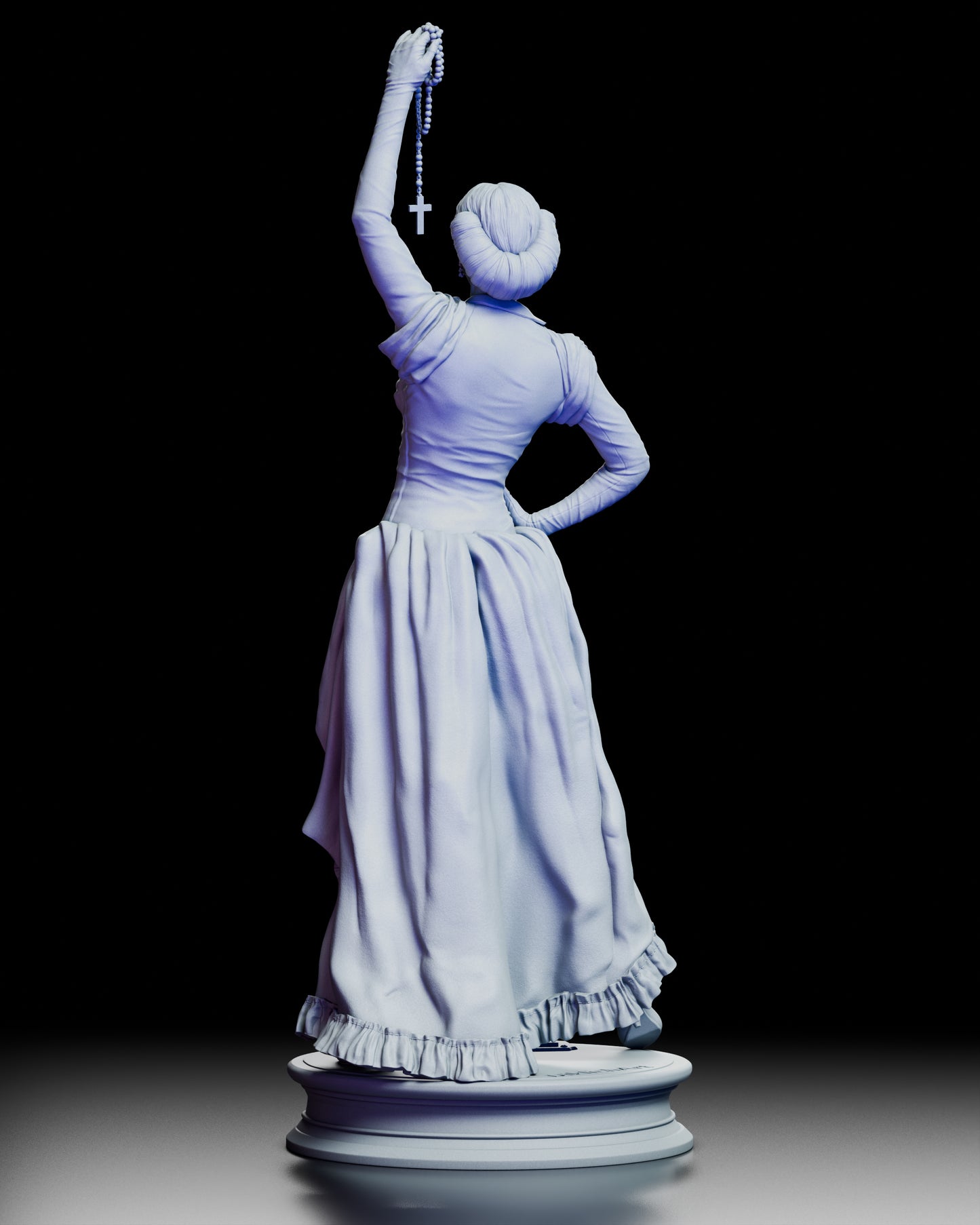 Back view of the Regine Fright Night 2 maquette highlighting her elegant hairstyle, raised arm with rosary, and detailed gown.