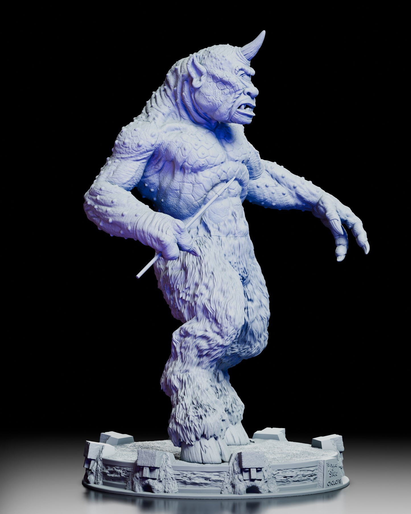 Right side view of The Cyclops maquette from The 7th Voyage of Sinbad showcasing scaled skin detail, muscular form, and scenic display base