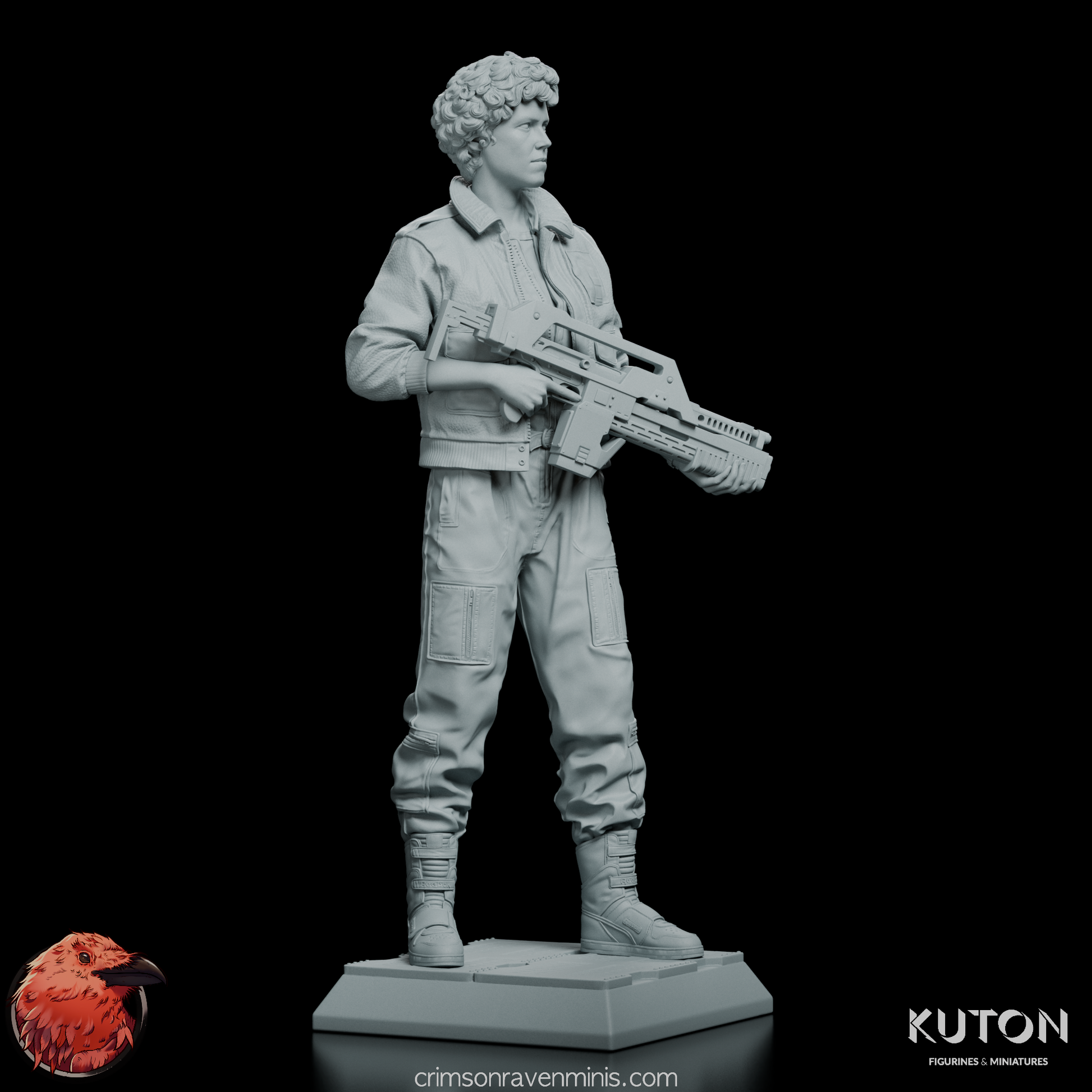 Angled view of Ripley figure model kit, highlighting the weapon and textured clothing.