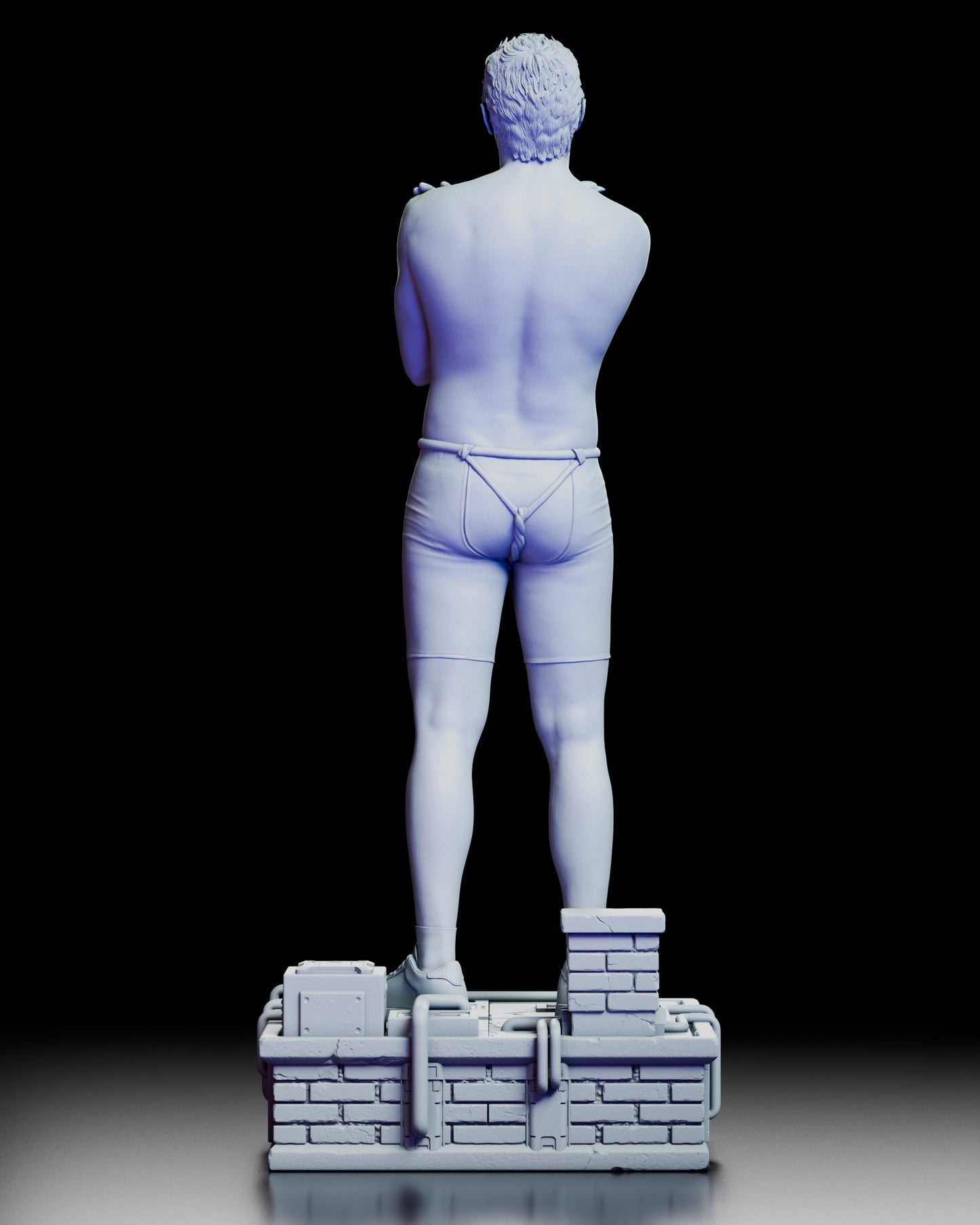 Rear view of the Roy Batty figure kit standing on a sci-fi rooftop base with crossed arms and detailed sculpted anatomy
