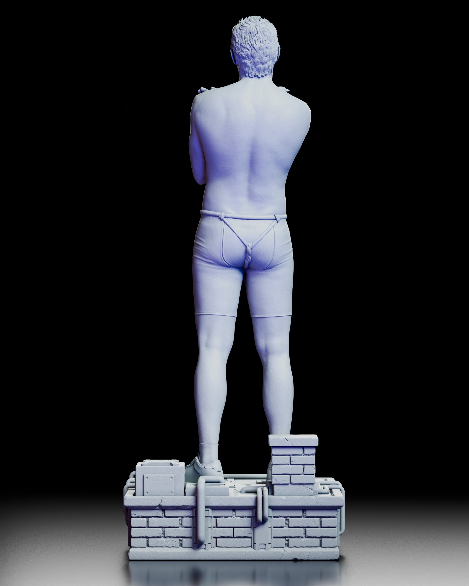 Rear view of the Roy Batty figure kit standing on a sci-fi rooftop base with crossed arms and detailed sculpted anatomy
