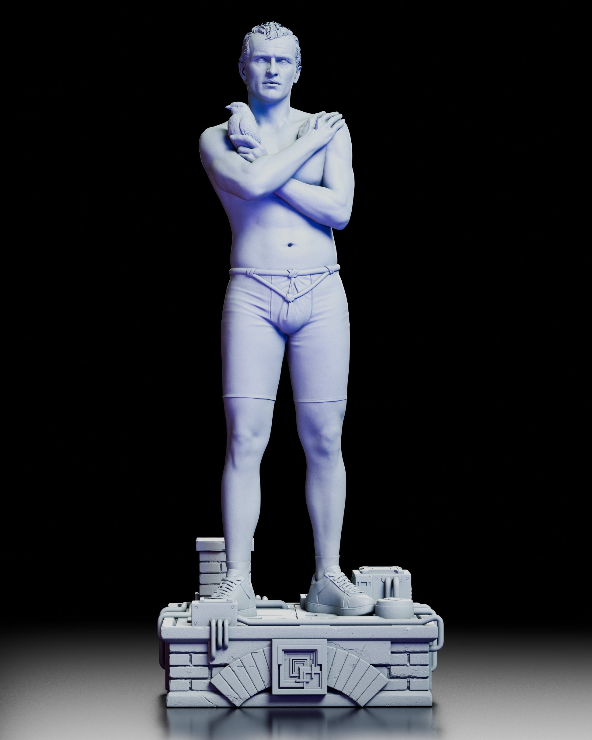 Front view of the Roy Batty figure kit holding a dove with crossed arms, standing on a futuristic rooftop base