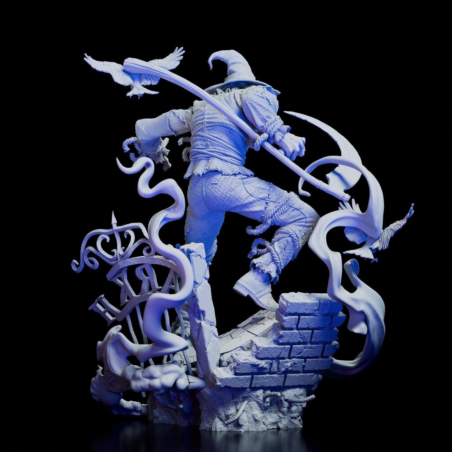 Back view of Scarecrow Figure Model Kit showing tattered clothing, crows, and gothic base