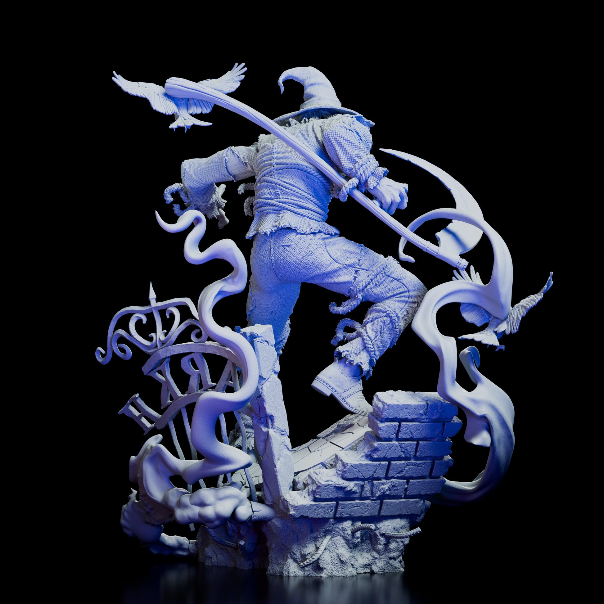 Back view of Scarecrow Figure Model Kit showing tattered clothing, crows, and gothic base