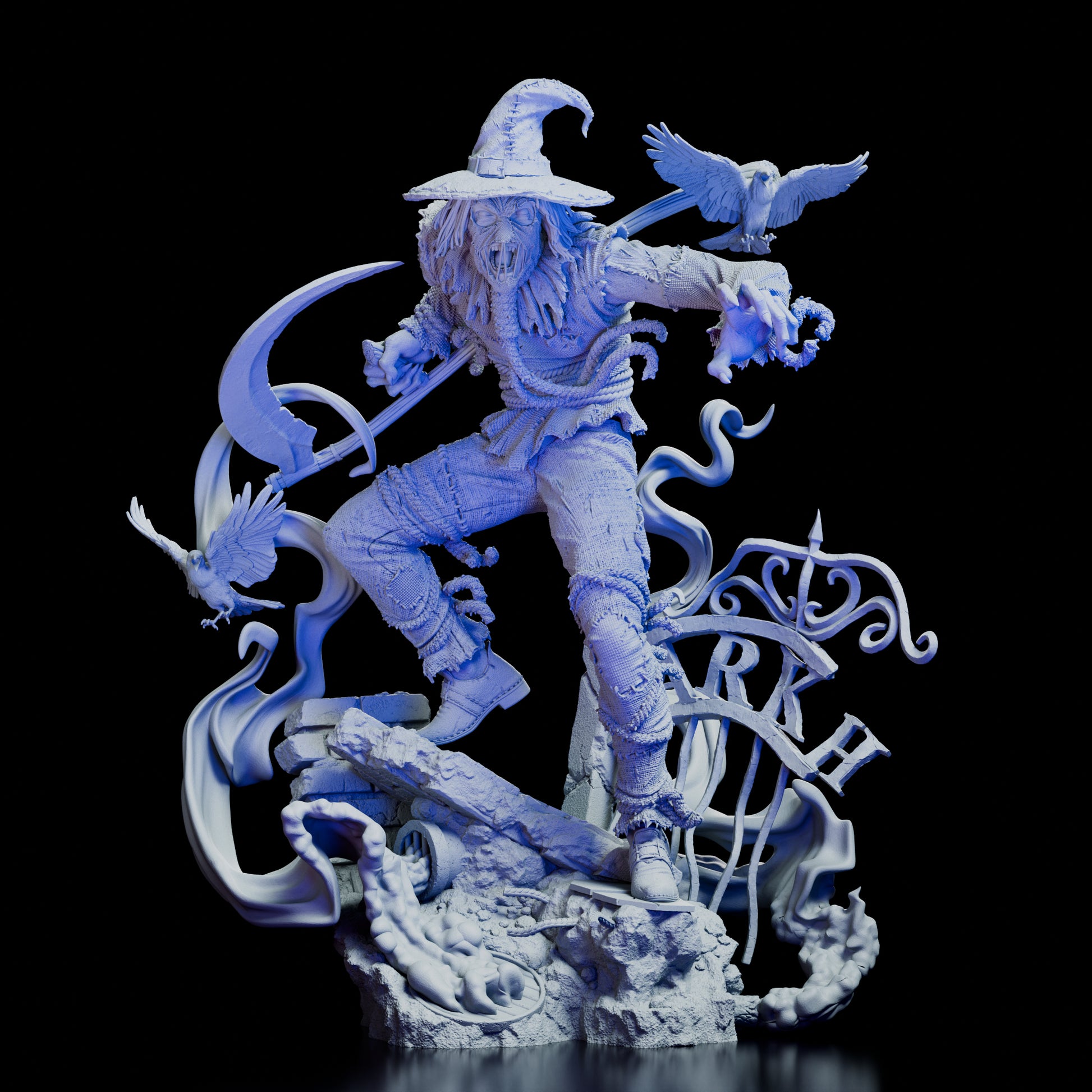 Front view of Scarecrow Figure Model Kit featuring scythe, eerie mask, and swirling fear toxin