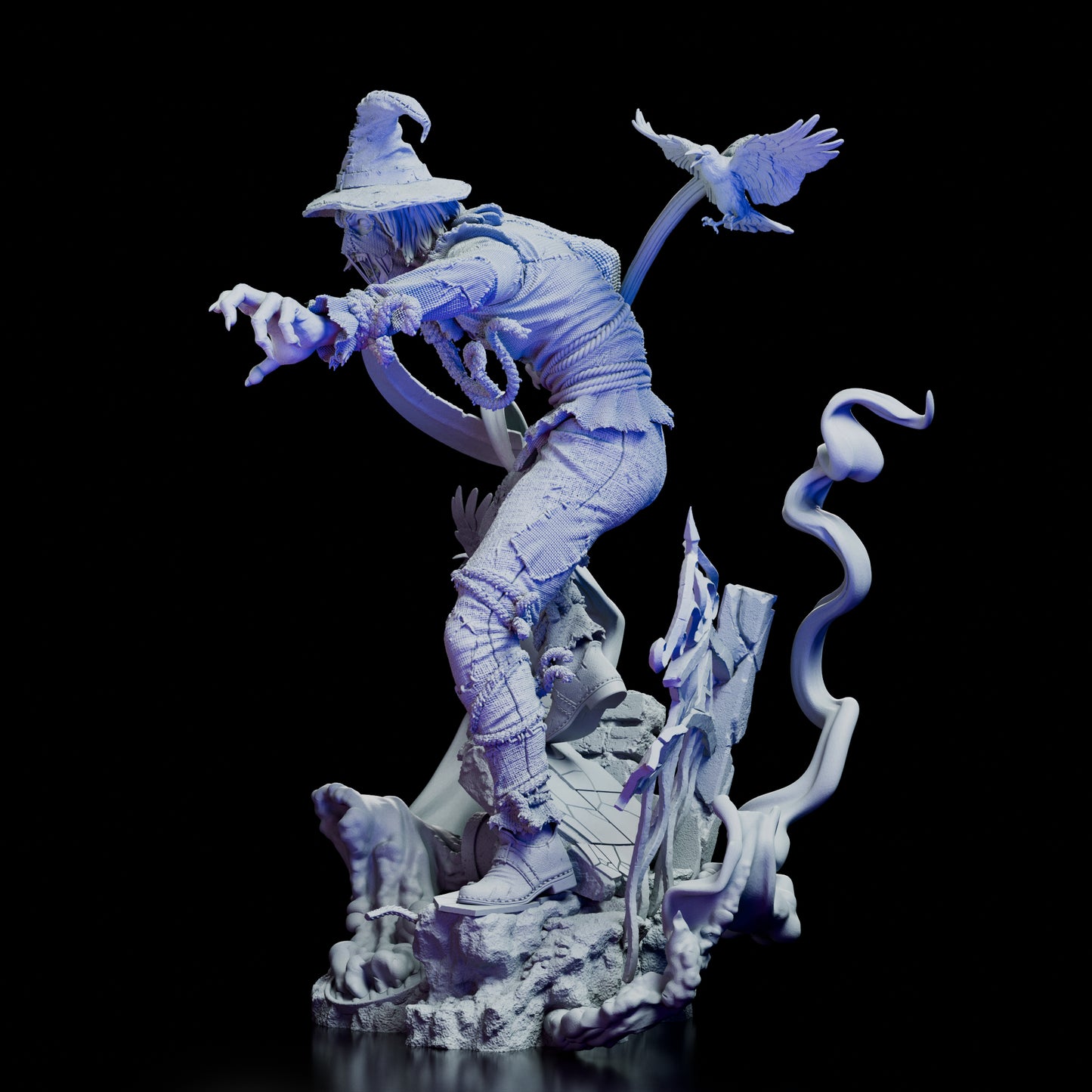 Left profile of Scarecrow Figure Model Kit highlighting crows in flight and twisted pose