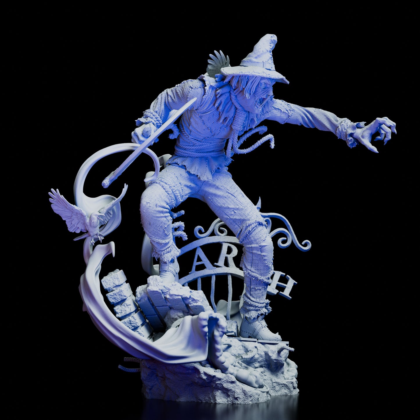 Right profile of Scarecrow Figure Model Kit showcasing ragged attire and gothic rubble base