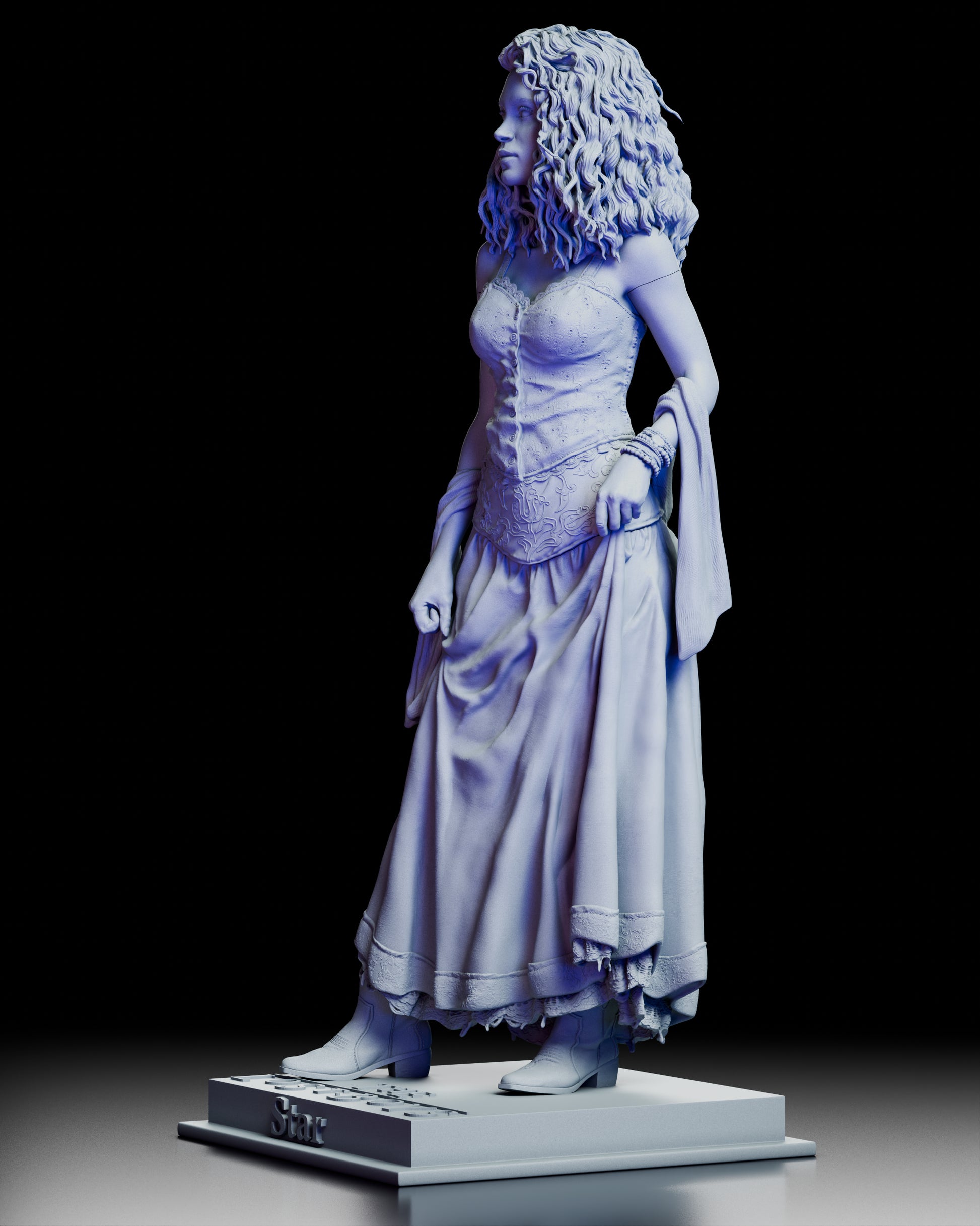 Left side profile of the Star maquette highlighting layered clothing folds and realistic posture
