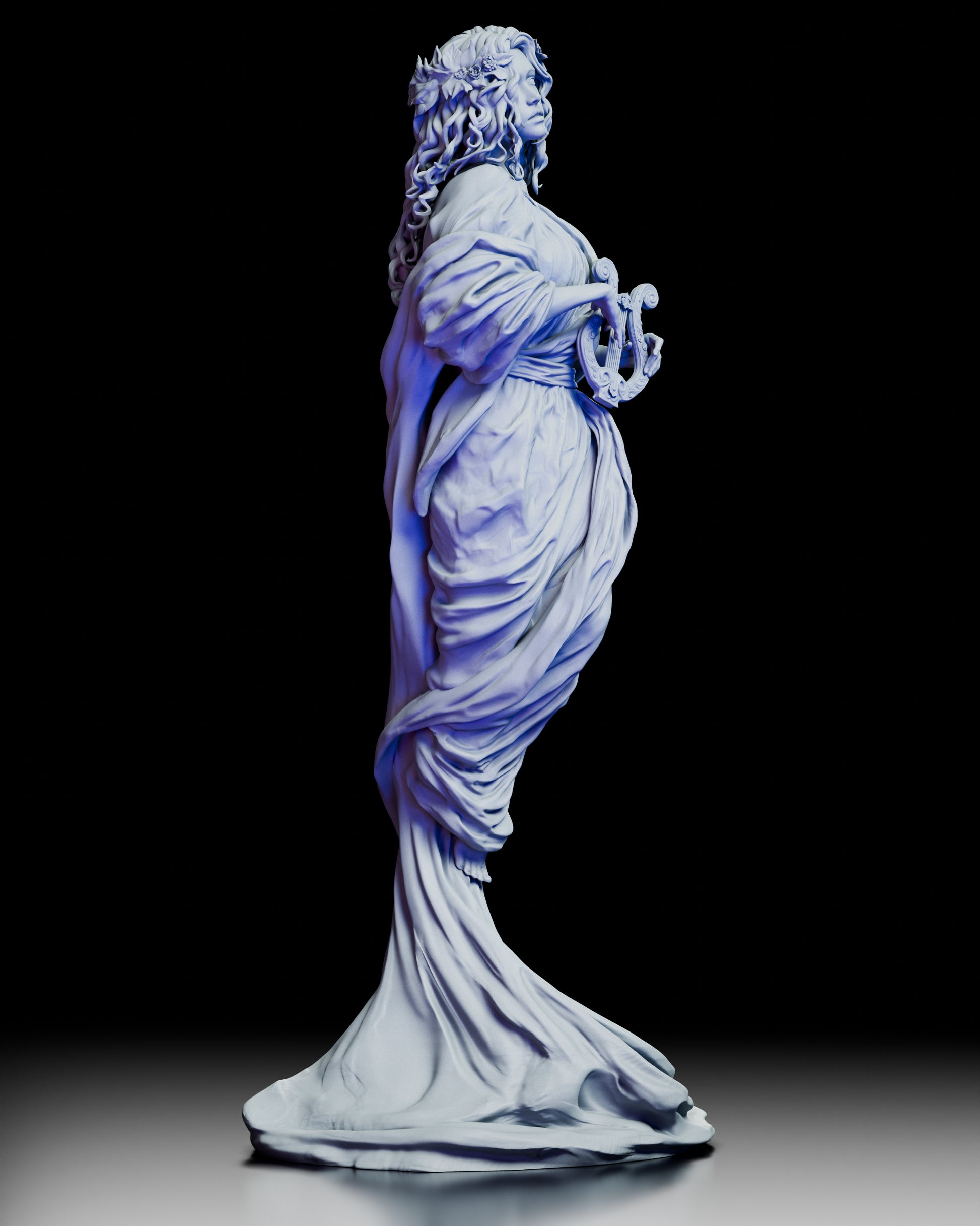 Right side angle of The Eternal Muse resin statue showing delicate lyre and natural flow of drapery
