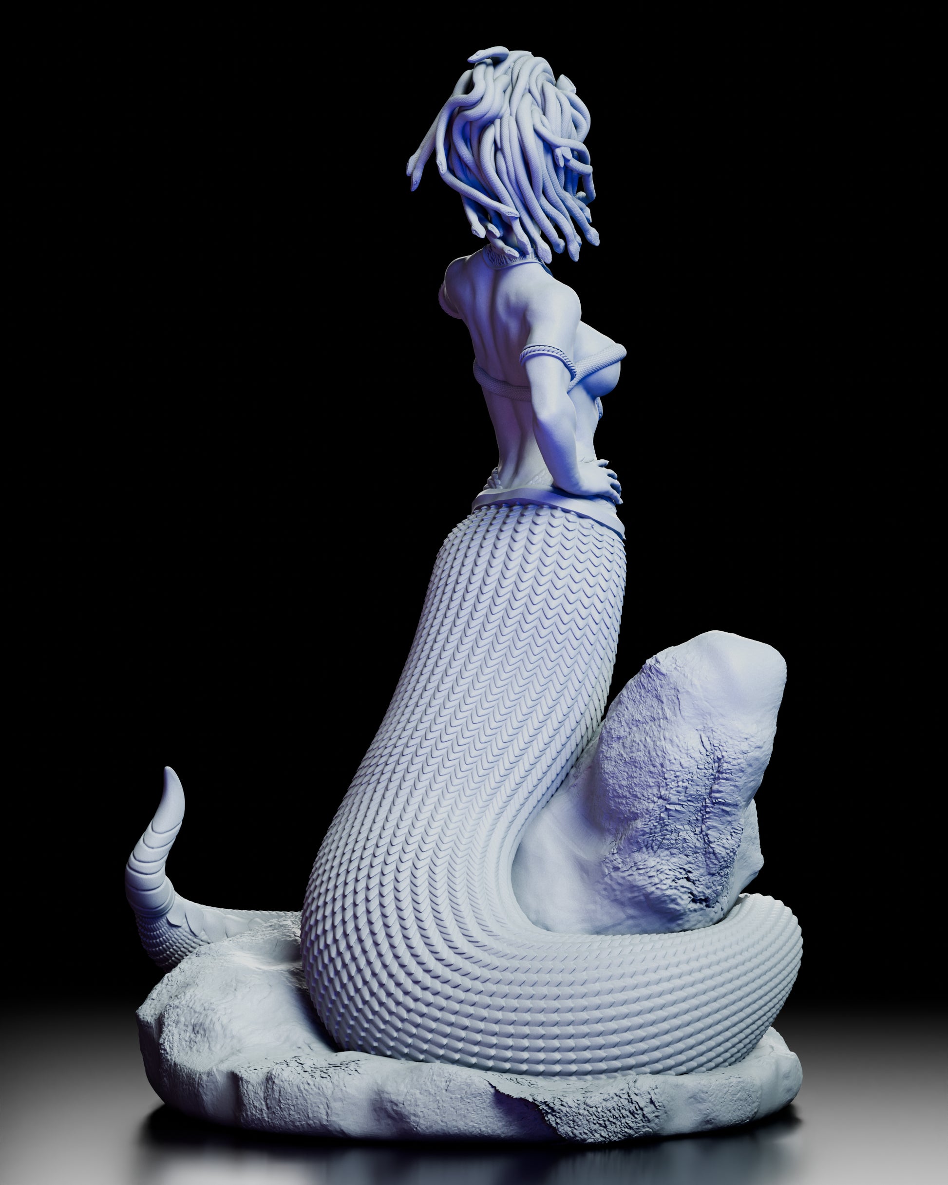 Rear view of The Gorgon Queen highlighting coiled serpent tail and intricate back details of the sculpt
