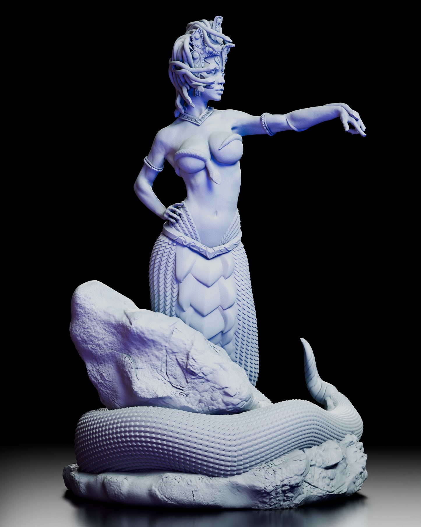 Right side view of The Gorgon Queen figure revealing her serpentine form and rock base detailing